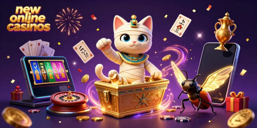 Experience new online casinos with a vibrant scene featuring a mummy cat, golden coins, and festive elements.