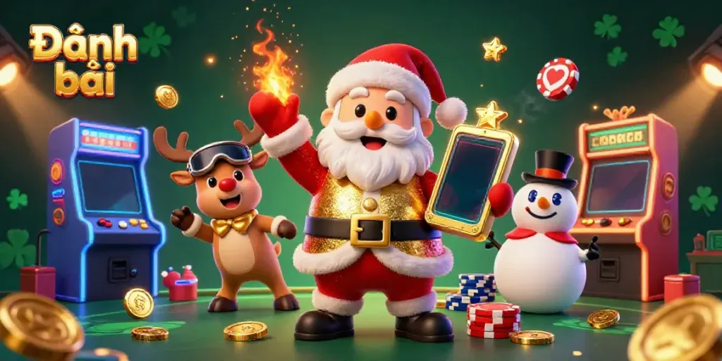 Experience the excitement of Đánh bài in this vivid 3D casino scene featuring Santa and friends.