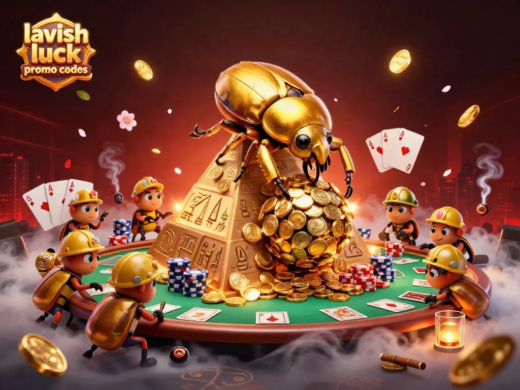 Spin the lavish luck promo codes and win with gold coins rolled by beetles in a vibrant casino scene.