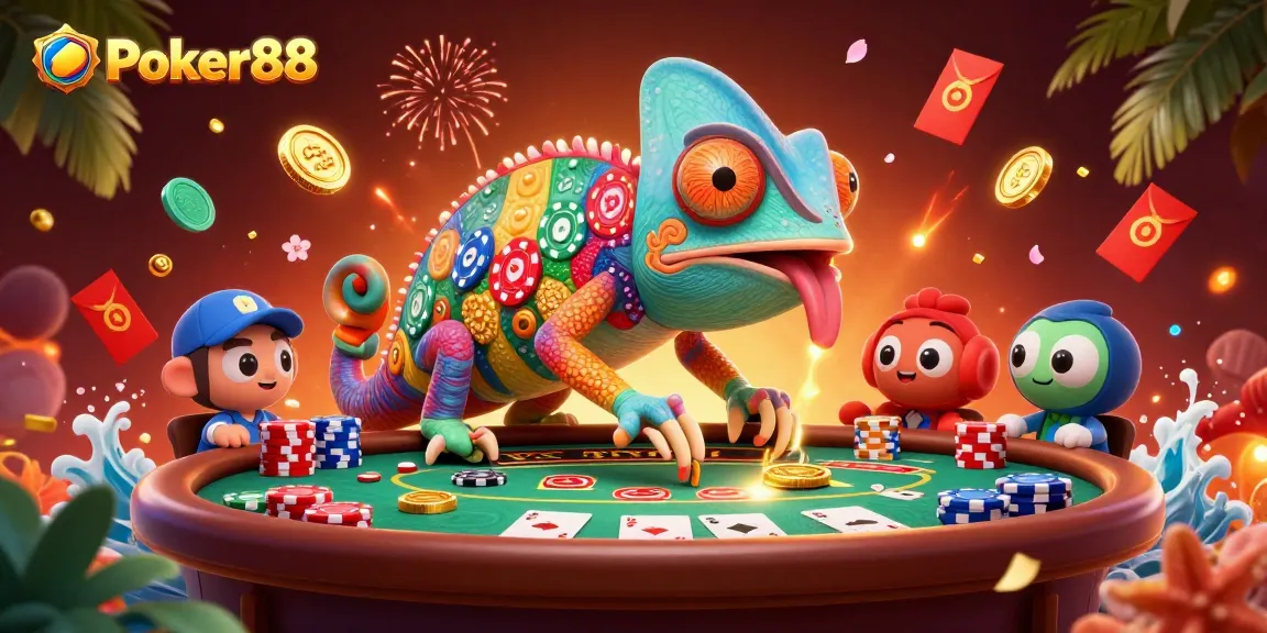 Play thrilling Poker88 games with an energetic chameleon casino owner amidst poker excitement.