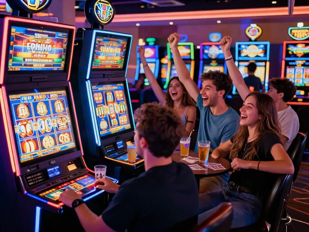 Friends celebrating a slot jackpot win in a colorful casino with dynamic lighting and vibrant machines.