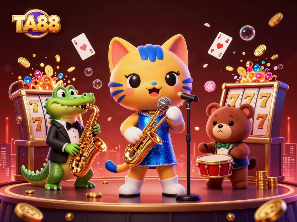 Experience the excitement of TA88 with vibrant casino characters singing, playing music, and reveling in slot game fun.