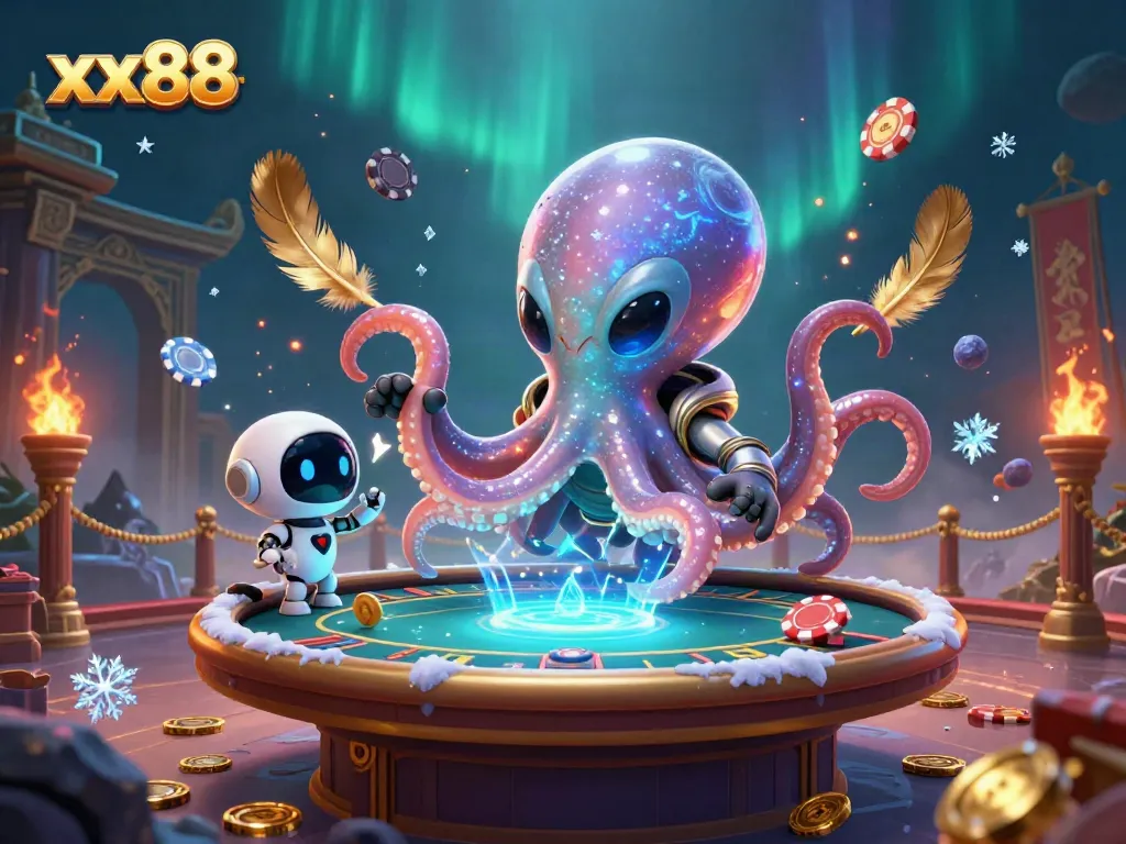 Engage with thrilling blackjack at xx88 while vibrant characters and poker elements animate the scene.