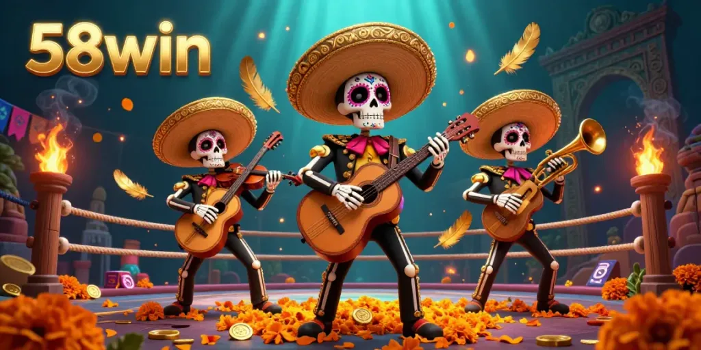 Experience the vibrant energy of 58win with skeleton mariachi band celebrating in a dynamic casino scene.