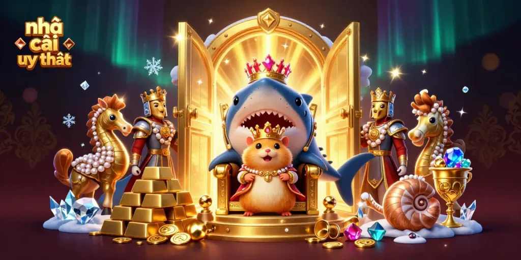 Engage with the vibrant world of nhà cái uy tín through a richly detailed 3D illustration featuring a hamster king and treasure elements.