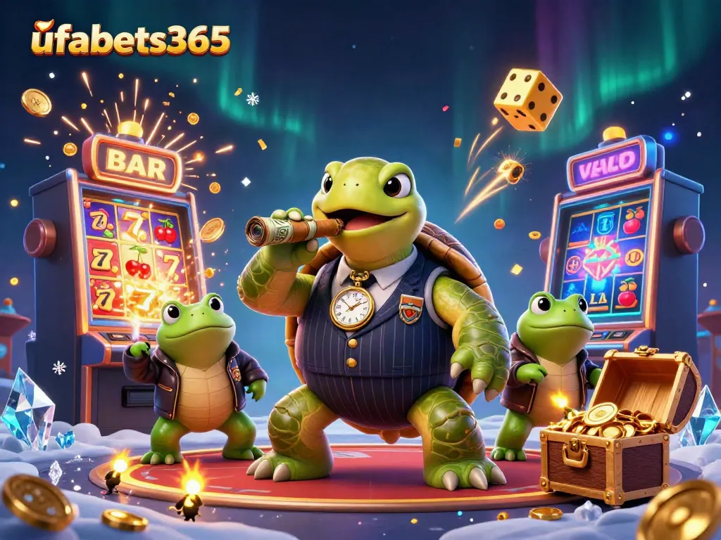 Experience the excitement of ufabets365 with a vibrant casino scene featuring a cartoon turtle and bullfrog enforcers.