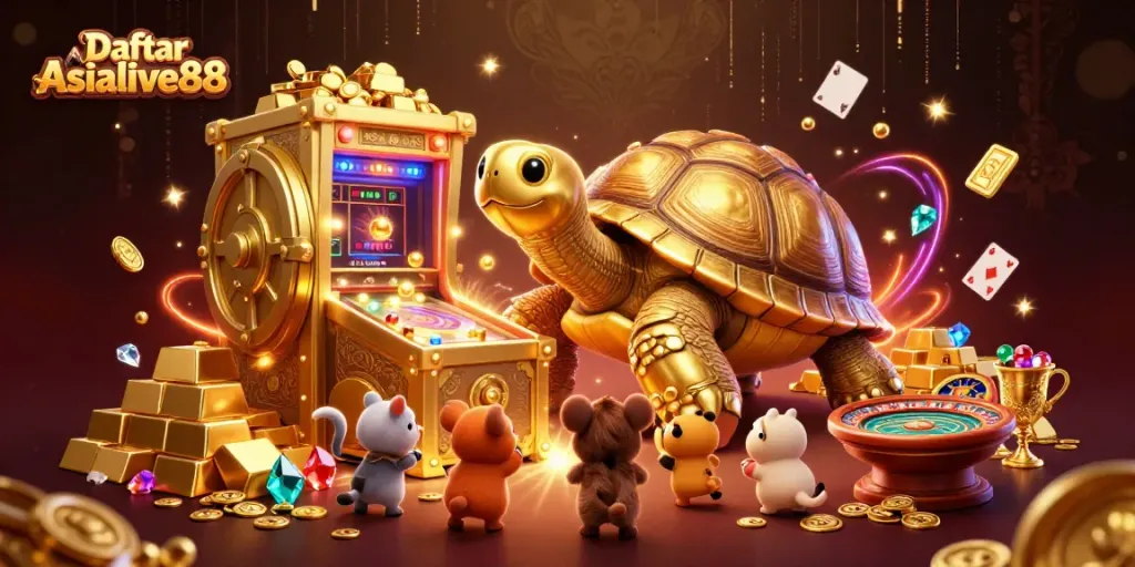 Engage with Daftar Asialive88's thrilling live casino scene featuring a golden tortoise and vibrant game elements.