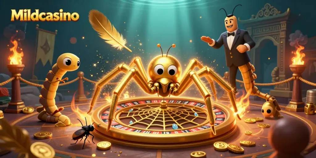Mildcasino offers thrilling bets and wins in this vibrant 3D casino scene with a roulette web.