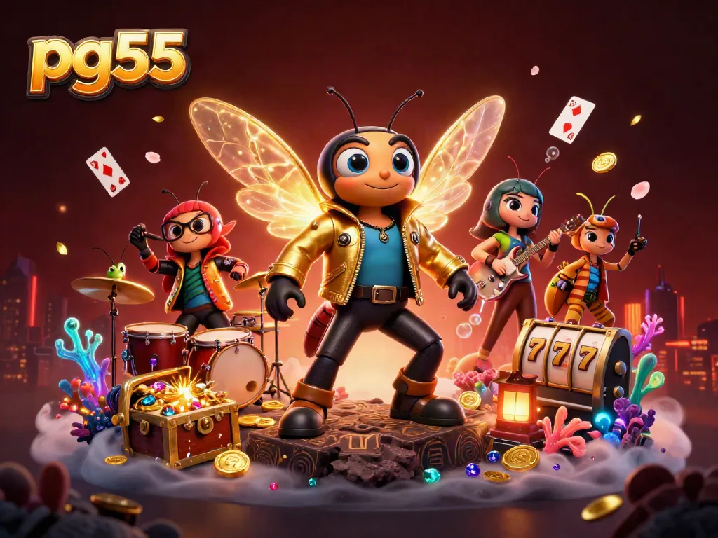 Experience the thrilling casino adventure with pg55’s cartoon rock star and vibrant game elements bursting with rewards.