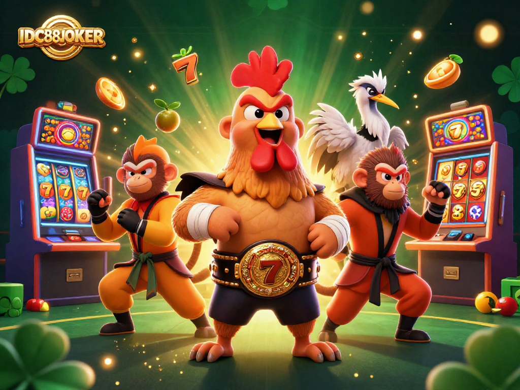 Win big with IDC88JOKER's dynamic casino scene featuring vibrant characters and thrilling gaming elements.