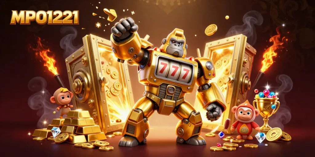 Win big at MPO1221 with a dynamic golden gorilla mech amidst dazzling slots and treasures.