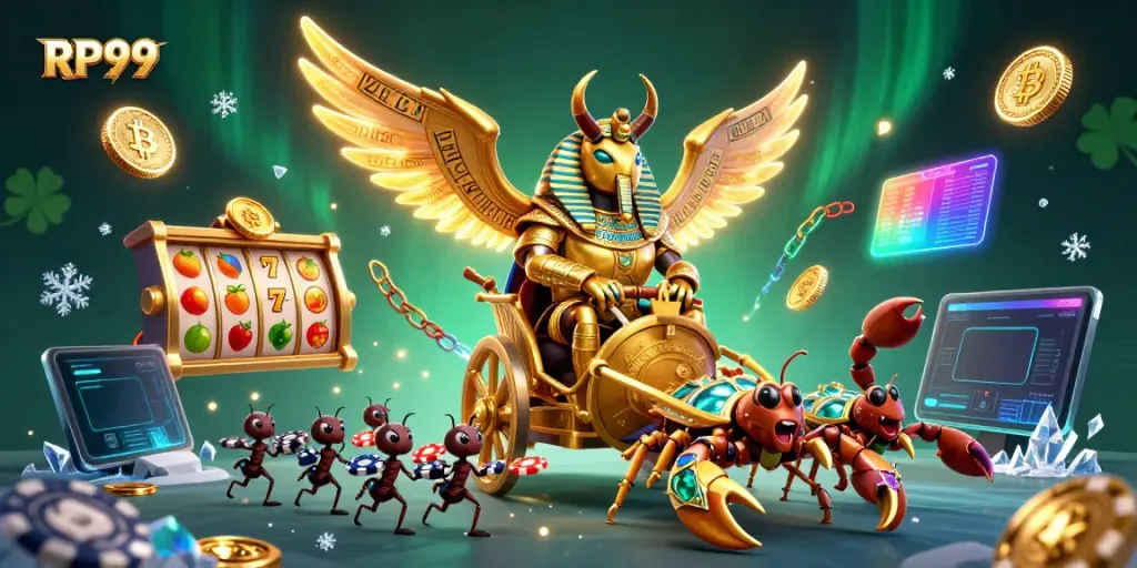 Engage in thrilling slot action with RP99's vibrant casino scene featuring golden beetles and crypto elements.