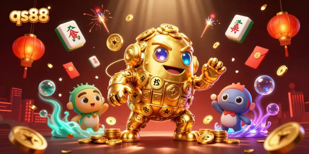 Engage with qs88 in a vibrant 3D casino illustration featuring a golden golem and festive elements.