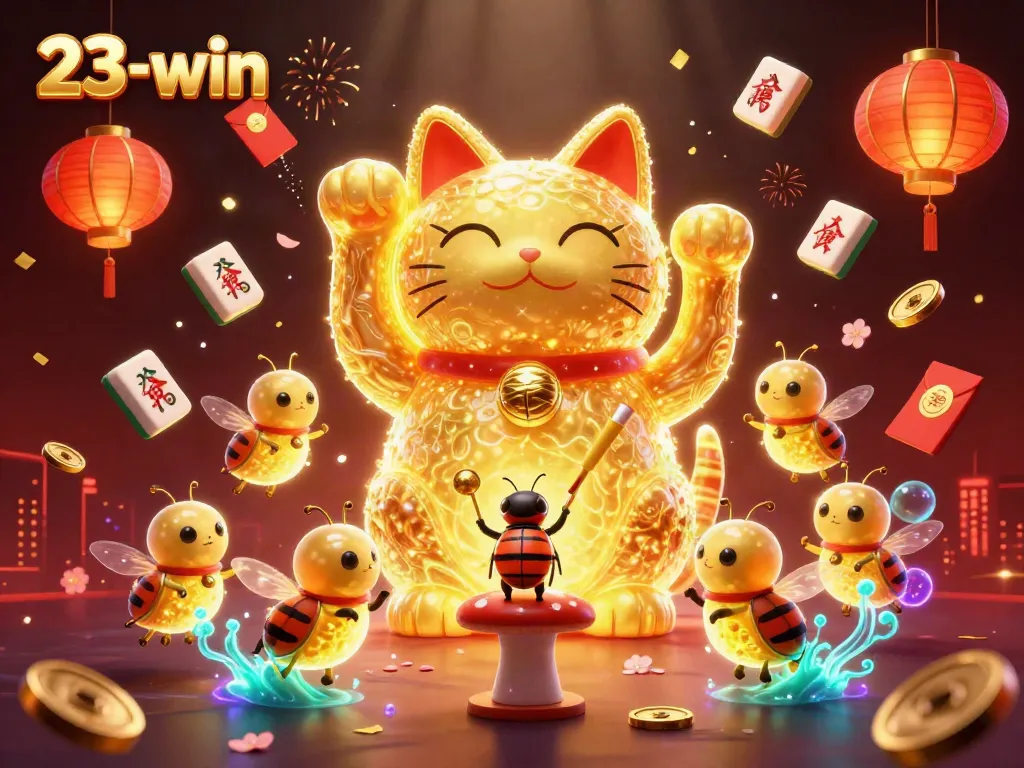 Experience 23-win's vibrant online casino world with interactive elements and a giant lucky cat.