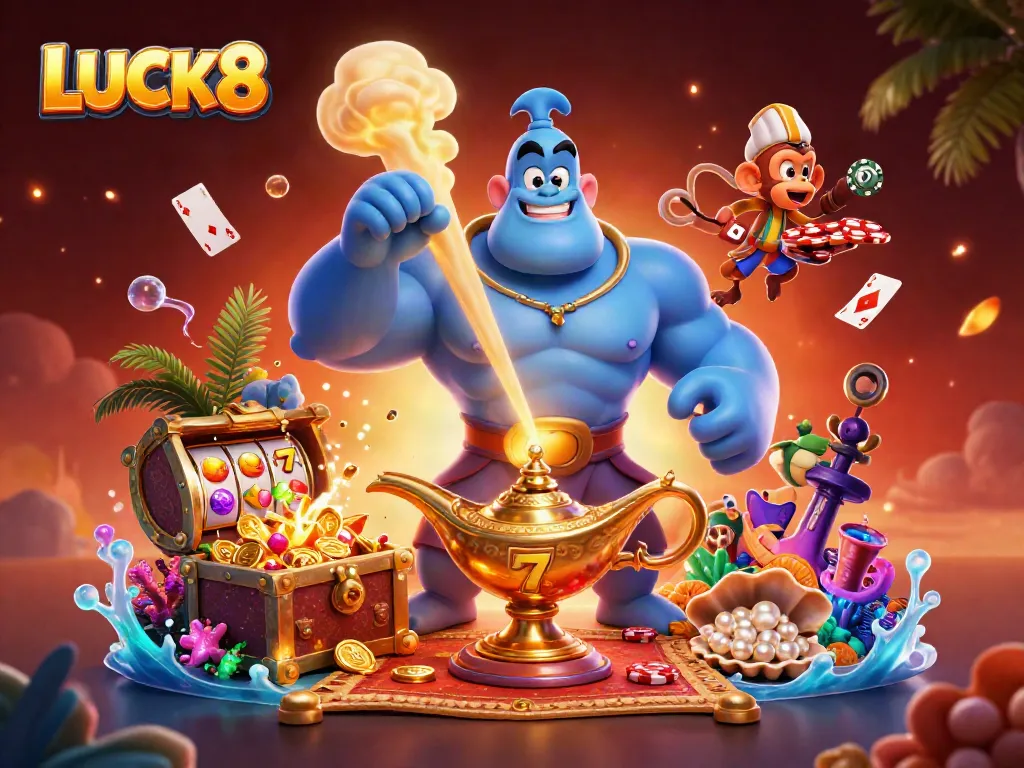 Experience the thrill of LUCK8 with a dynamic scene featuring a genie, monkey, and gaming elements in a vibrant casino setting.
