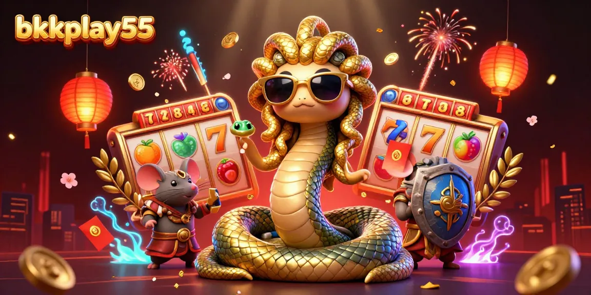 Bkkplay55 engages players with an exciting slot experience featuring vibrant characters in a festive casino scene.