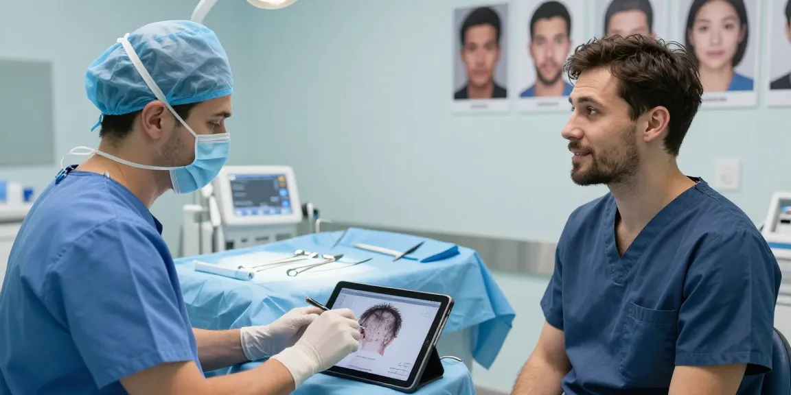 Hair transplant turkey consultation with a surgeon showing procedure details, creating hope for patients.