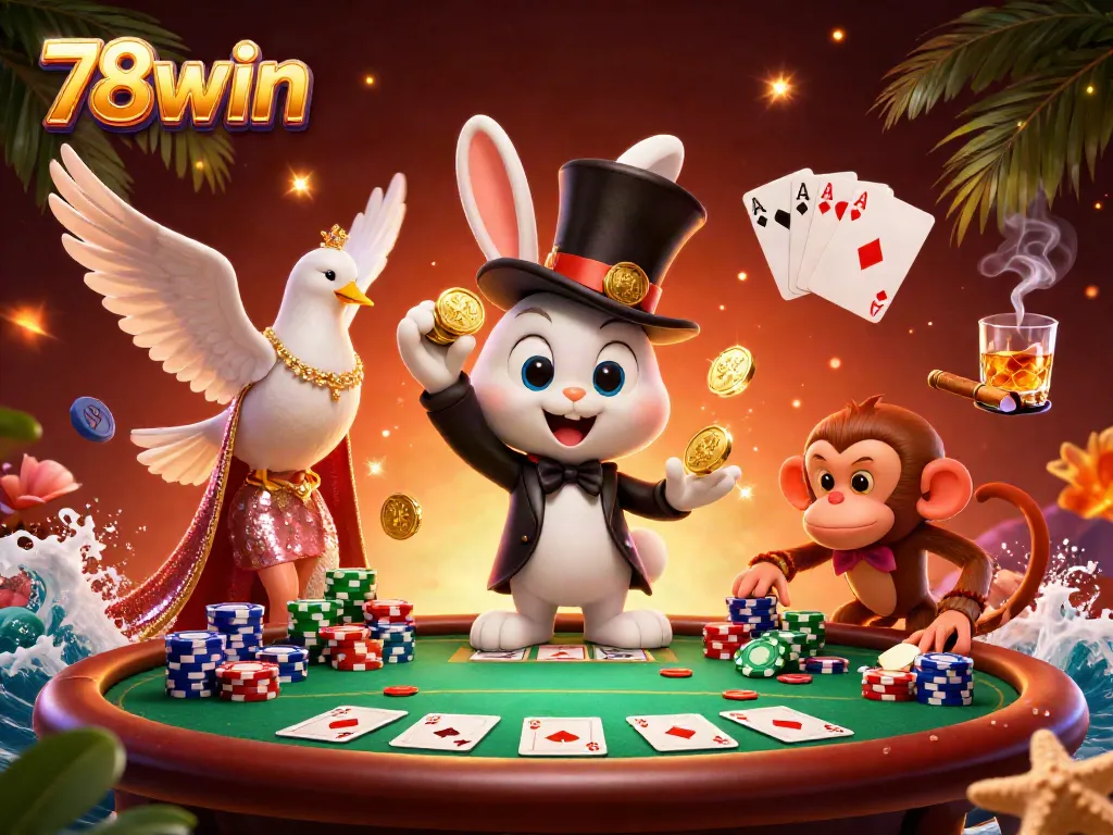 Unleash the fun at 78win with a magician, dove, and monkey in a vibrant casino scene.