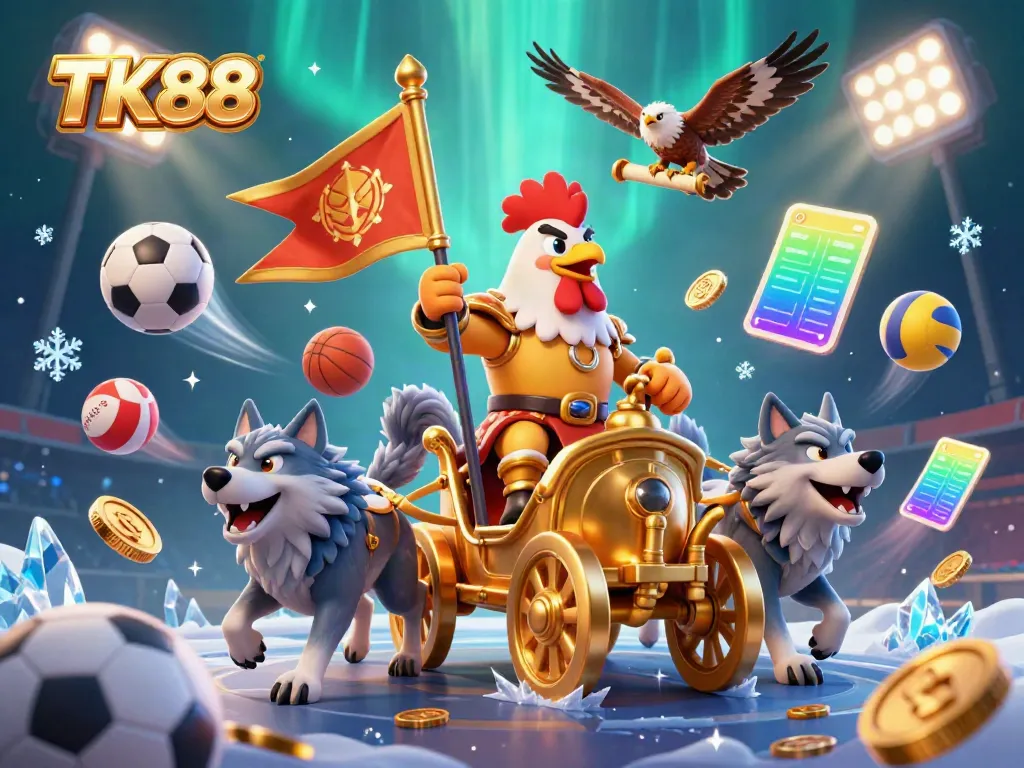 Betting action unfolds with TK88 as a golden war chariot leads fierce competition in a dynamic casino scene.