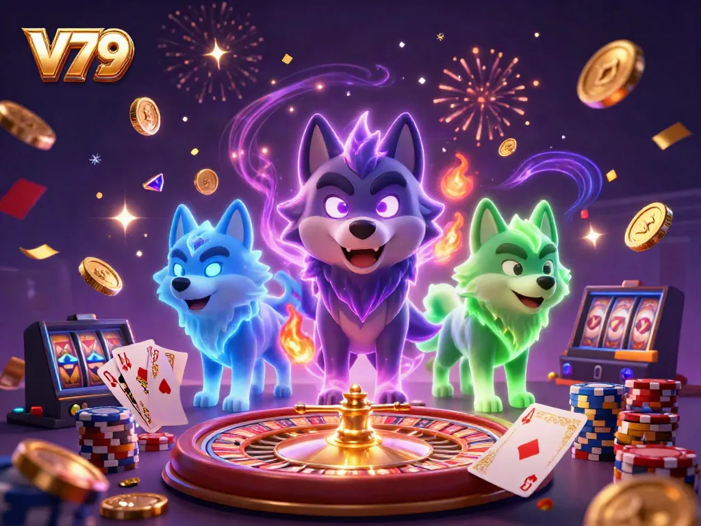Experience V79's captivating spirit wolves and thrilling casino elements in a vibrant 3D scene.