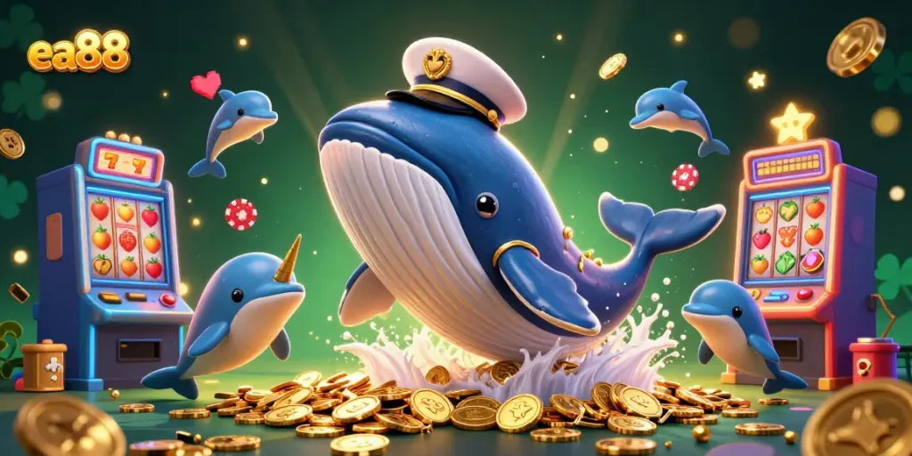 ea88 thưởng thức trò chơi với cá voi và cá narwhal, trong biển vàng xu.
