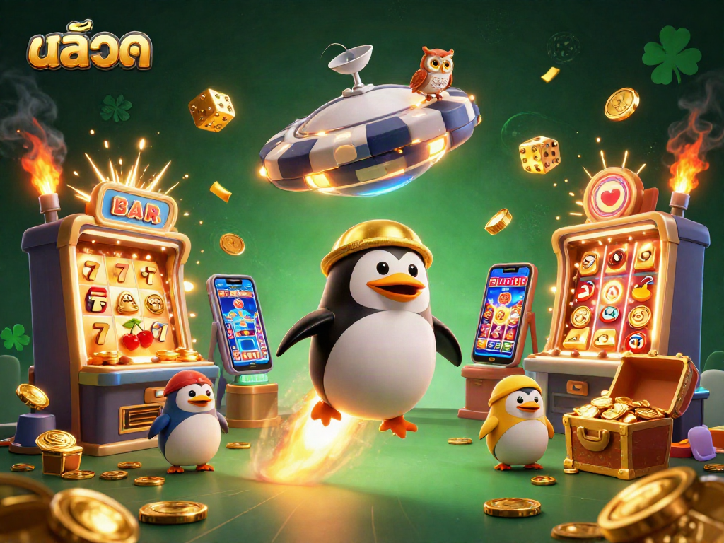 Experience thrilling สล็อต adventures with a golden penguin casino illustration bursting with winnings.