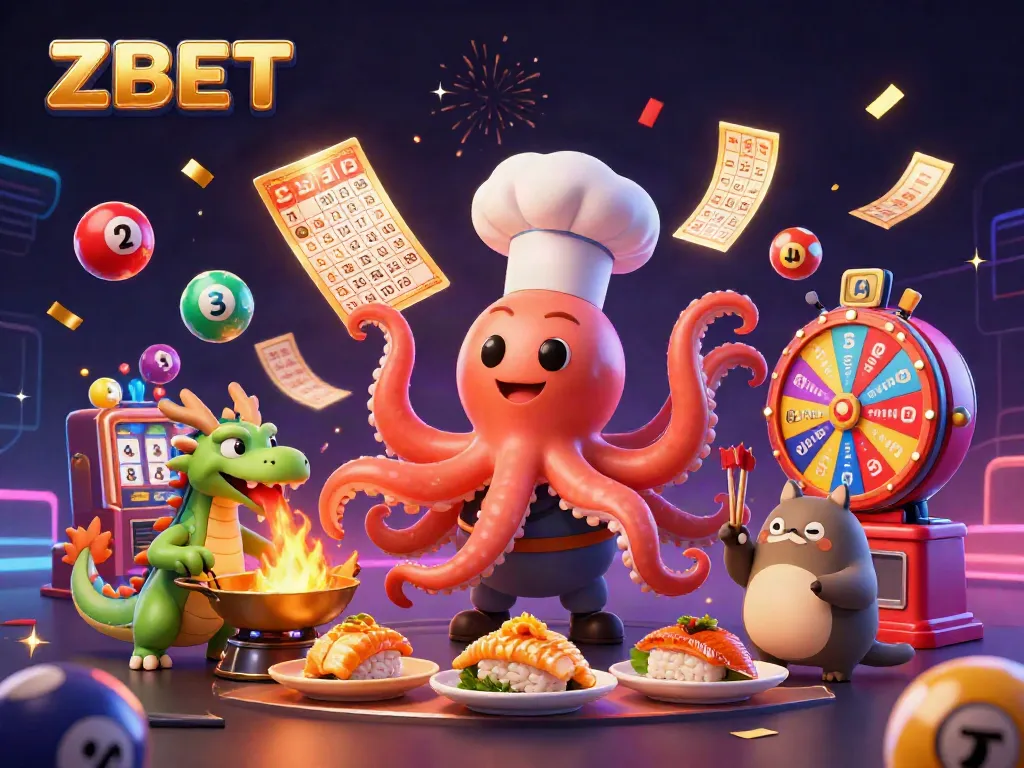 ZBET celebrates winning moments with a vibrant 3D illustration of characters cooking, gaming elements, and festive fireworks.