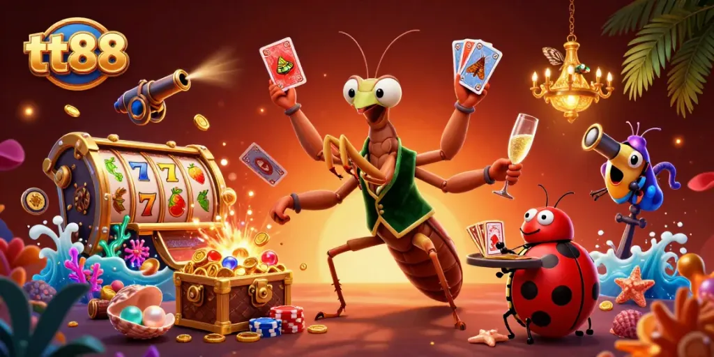 Experience thrilling gaming action at tt88 with a vibrant cartoon casino scene full of excitement.
