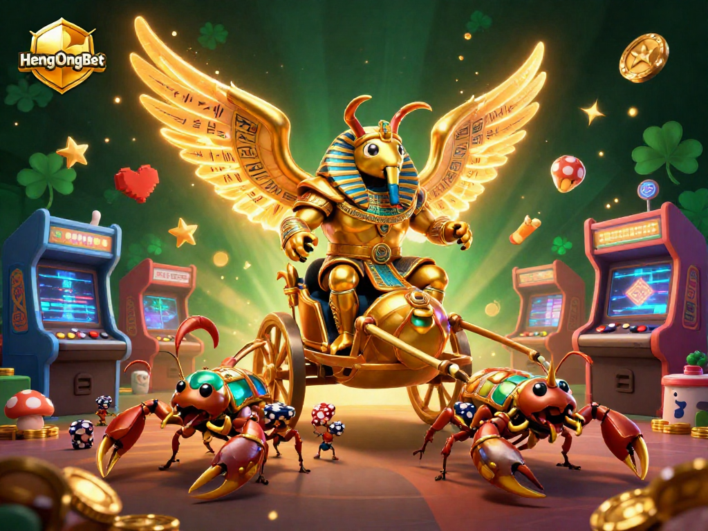 Engage with HengOngBet's dynamic casino scene featuring a glowing scarab and vibrant gaming elements in action.