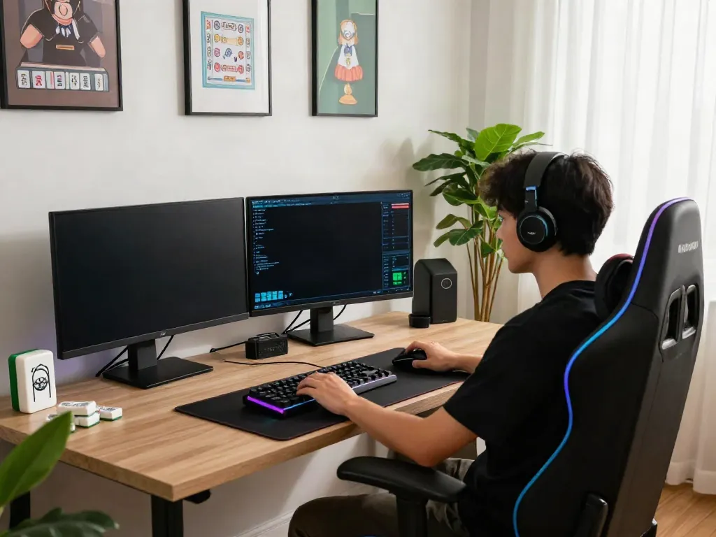 Pengaturan gaming profesional dengan permainan mesinmpo di layar monitor dan dekorasi tema Mahjong.