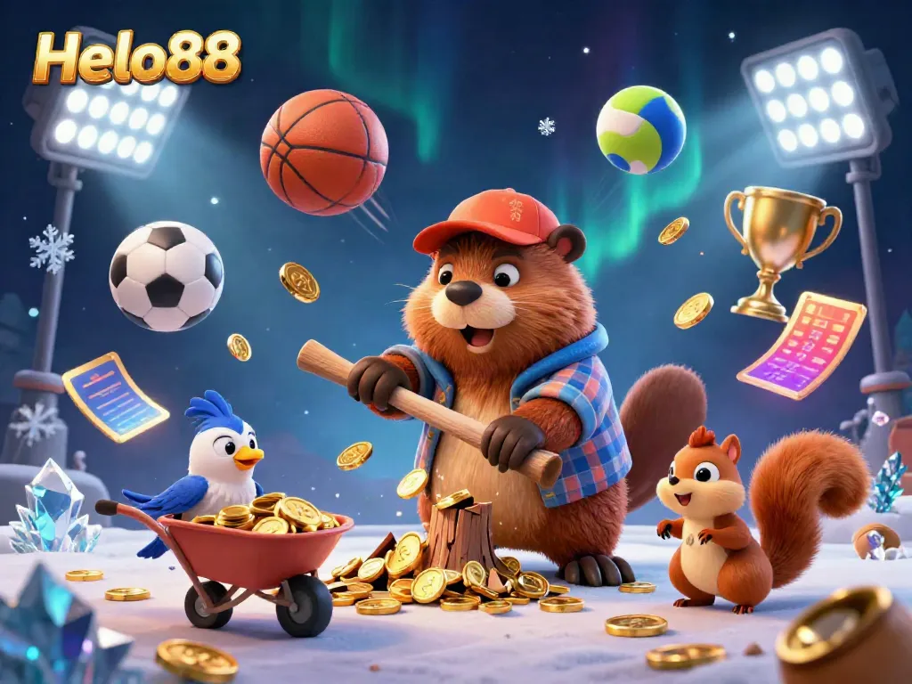 Helo88 launches a thrilling gaming experience with a vibrant, dynamic casino scene featuring a beaver and friends collecting golden coins.