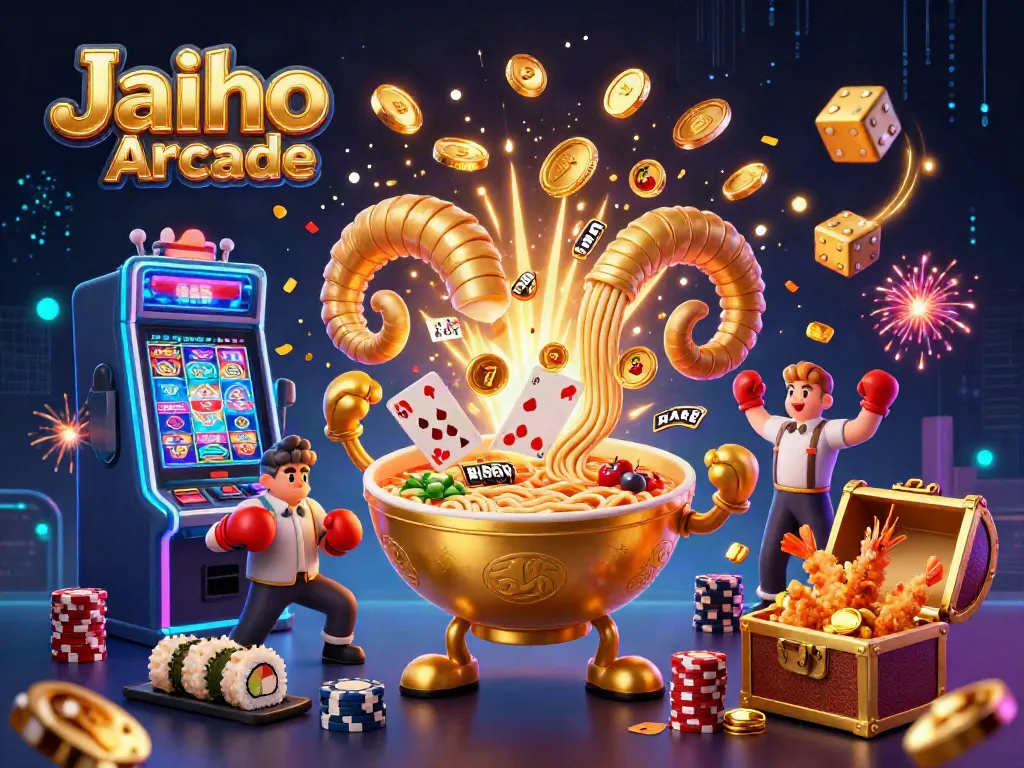 Experience the excitement of Jaiho Arcade with a vibrant scene featuring playful casino elements and characters.