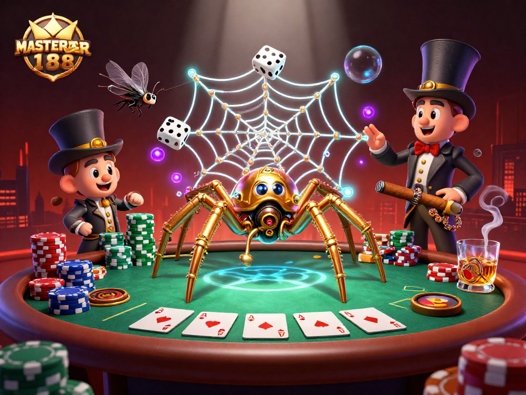 Engage in thrilling gameplay with MASTER188's golden spider and poker elements in a vibrant casino scene.