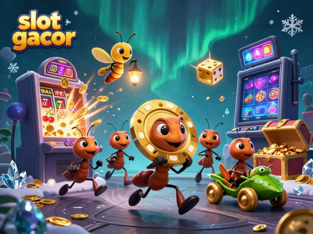 Permainan slot gacor yang mengasyikkan dengan ilustrasi 3D tim semut yang membawa chip poker emas.