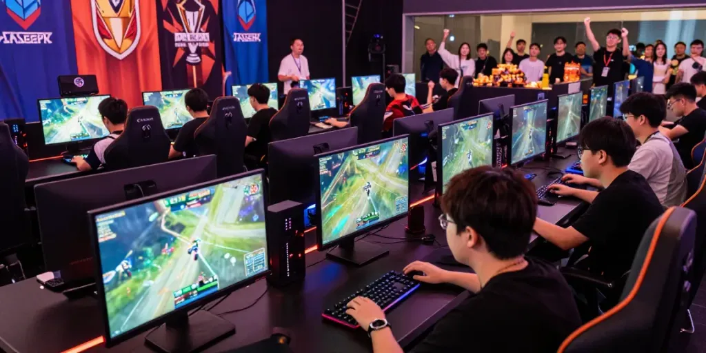 Juraganbola esports tournament scene with players and cheering crowd.