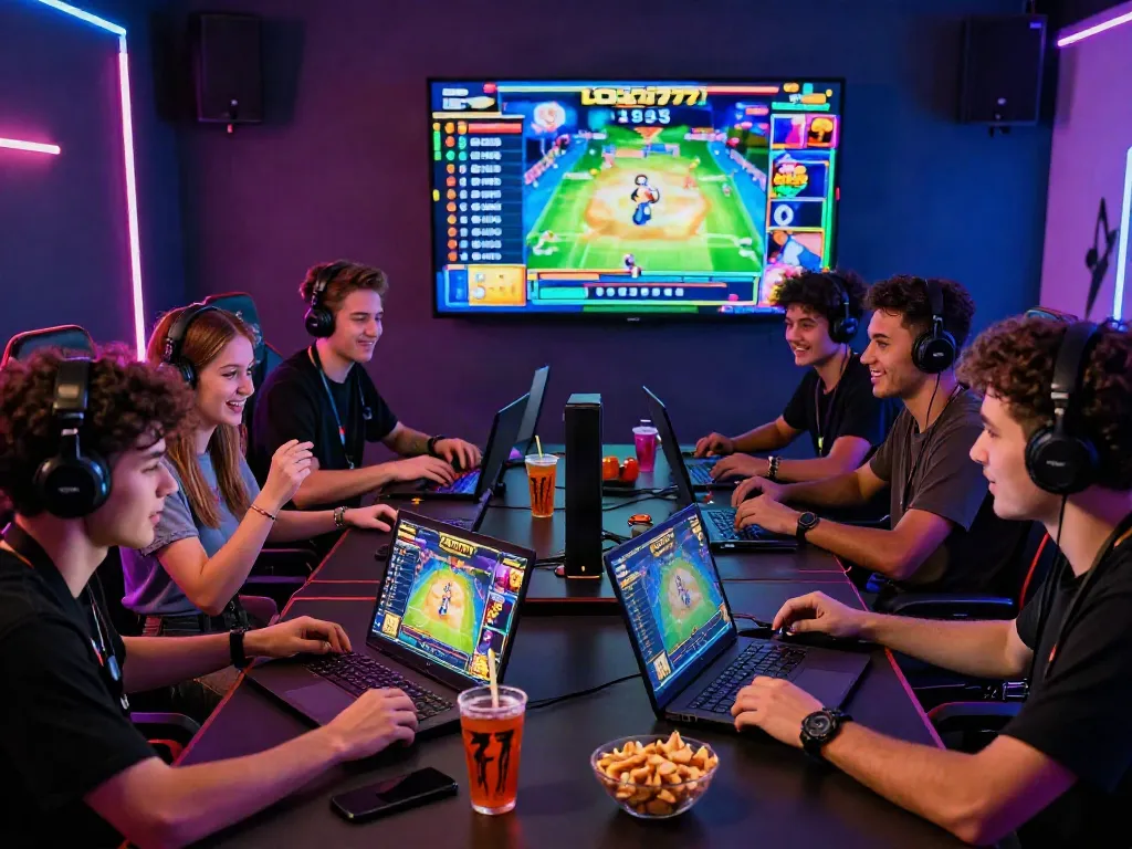 Engaging group gaming session showcasing slot777 excitement with colorful screens.
