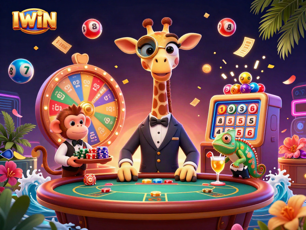 Experience IWIN with a vibrant 3D casino scene featuring a giraffe at a poker table and dynamic game elements.