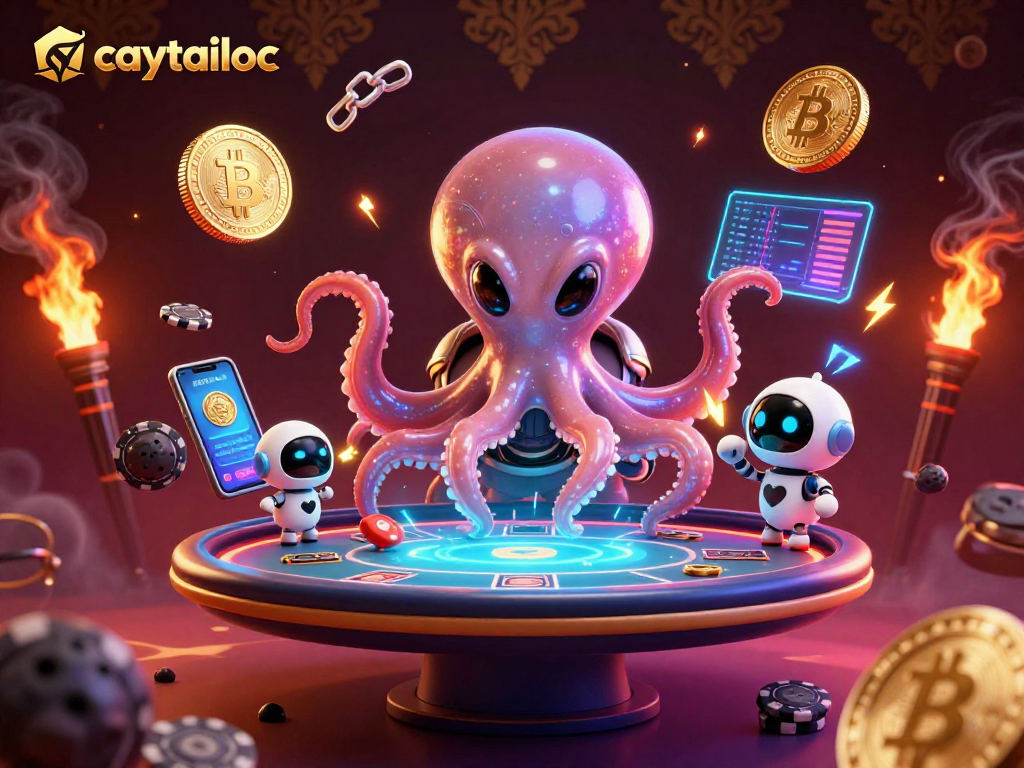 Engage with caytailoc at the vibrant gaming table, featuring an alien octopus and robot companions amidst chips and crypto