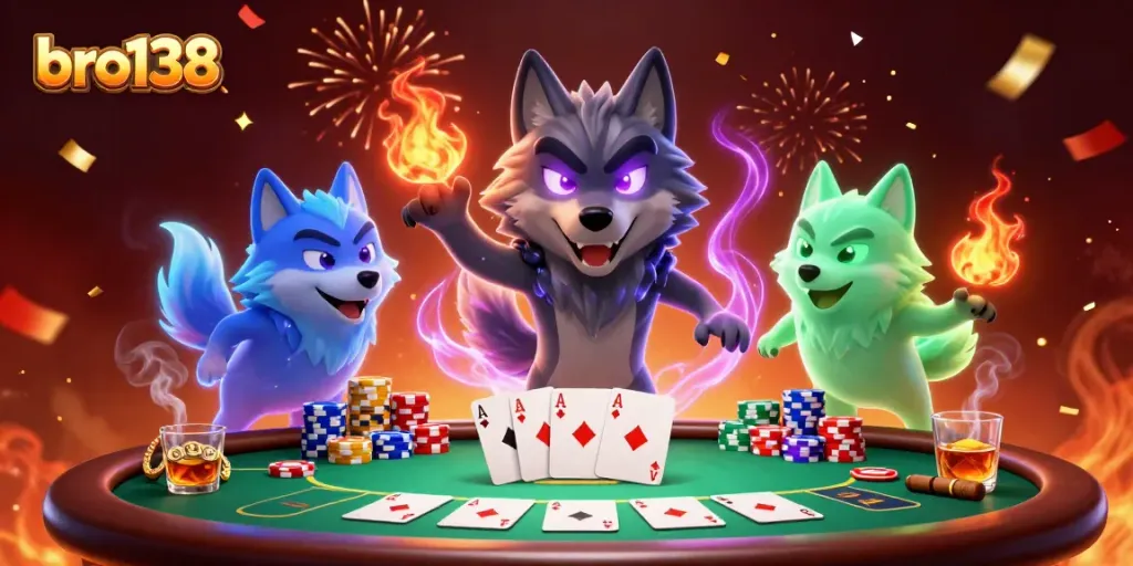 Play thrilling poker at bro138 with glowing wolves and vibrant casino elements.