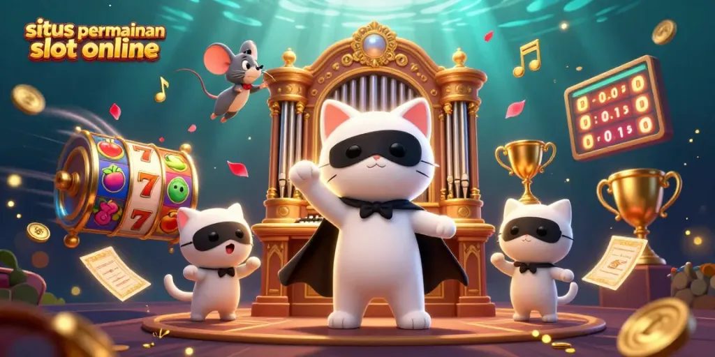 Mainkan situs permainan slot online dengan tampilan menarik dari kucing misterius dan elemen kasino menawan.