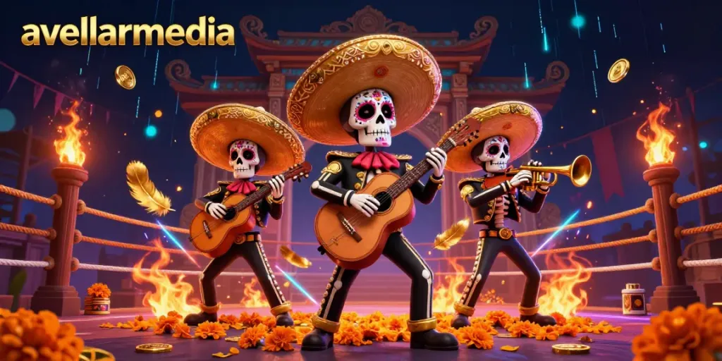 Experience the festive energy of avellarmedia with a 3D illustration of a vibrant mariachi band in a casino-themed scene.