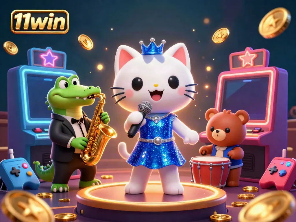 Get inspired by 11win's vibrant casino scene featuring a jazzy cat, crocodile, and bear cub.