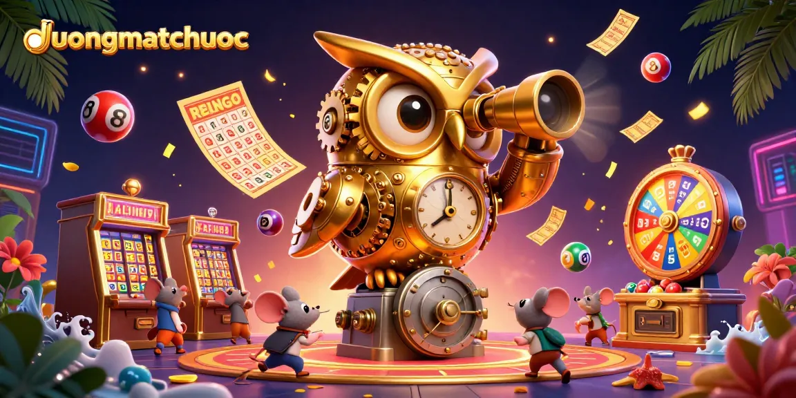 Engage with duongmatchuoc as a gold owl scans a vibrant casino, surrounded by dynamic games.