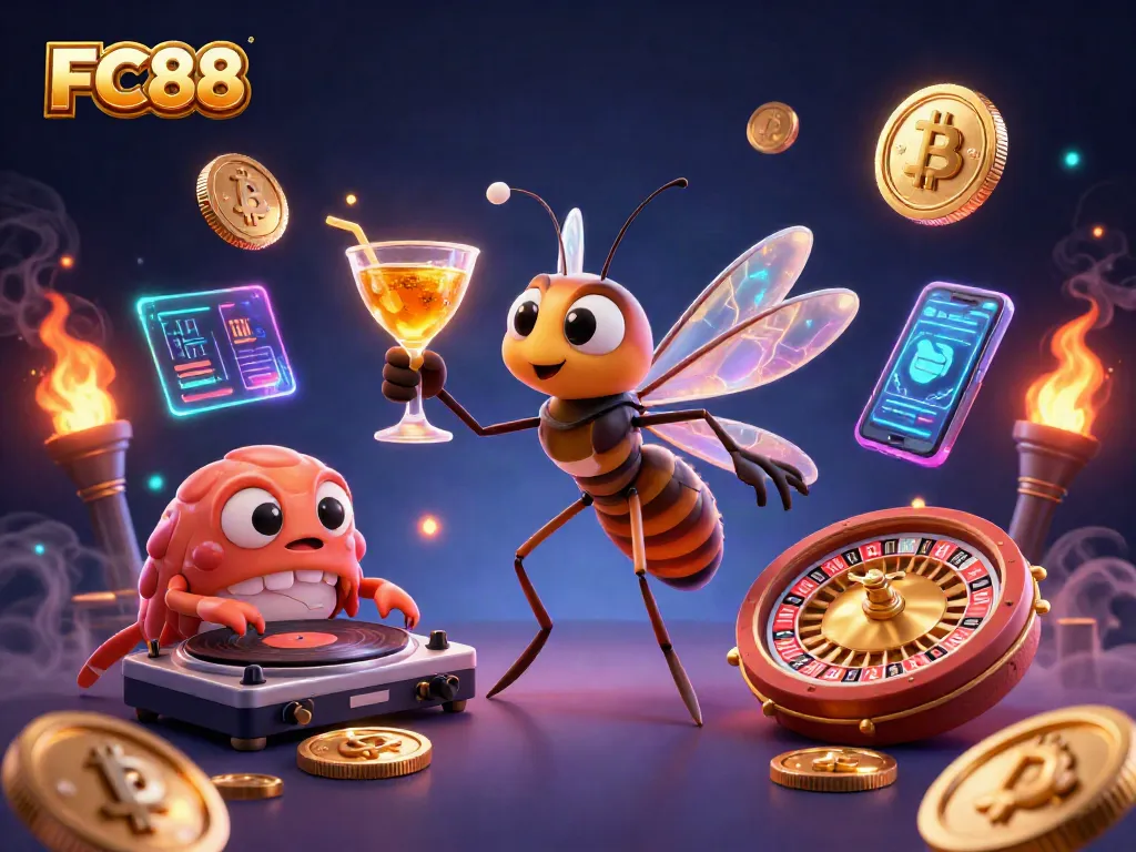 Engage with FC88's vibrant casino scene showcasing a lively golden roulette wheel and crypto elements.