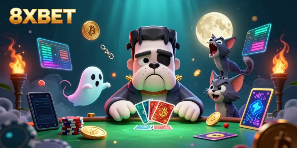 Experience thrilling gaming on 8XBET with a cartoon Frankenstein bulldog and ghost mouse in a colorful casino setting.