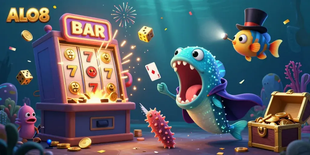 Experience excitement at ALO8 with a vibrant gambling-themed underwater world featuring joyous casino elements.