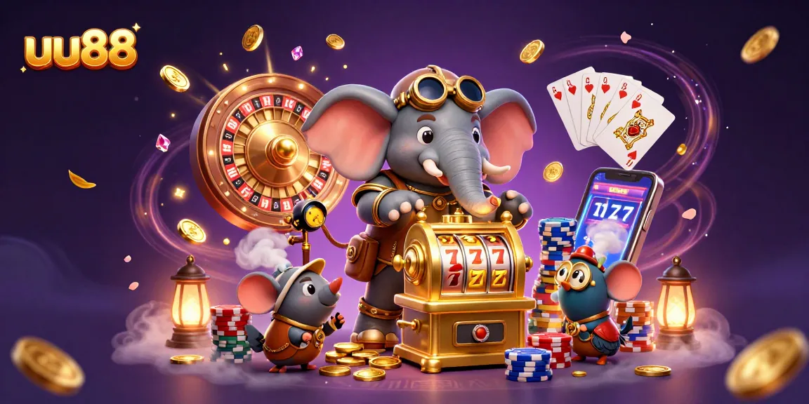uu88 captivates with a dynamic scene of a steampunk elephant engineer operating a golden slot machine amid cascading treasures.