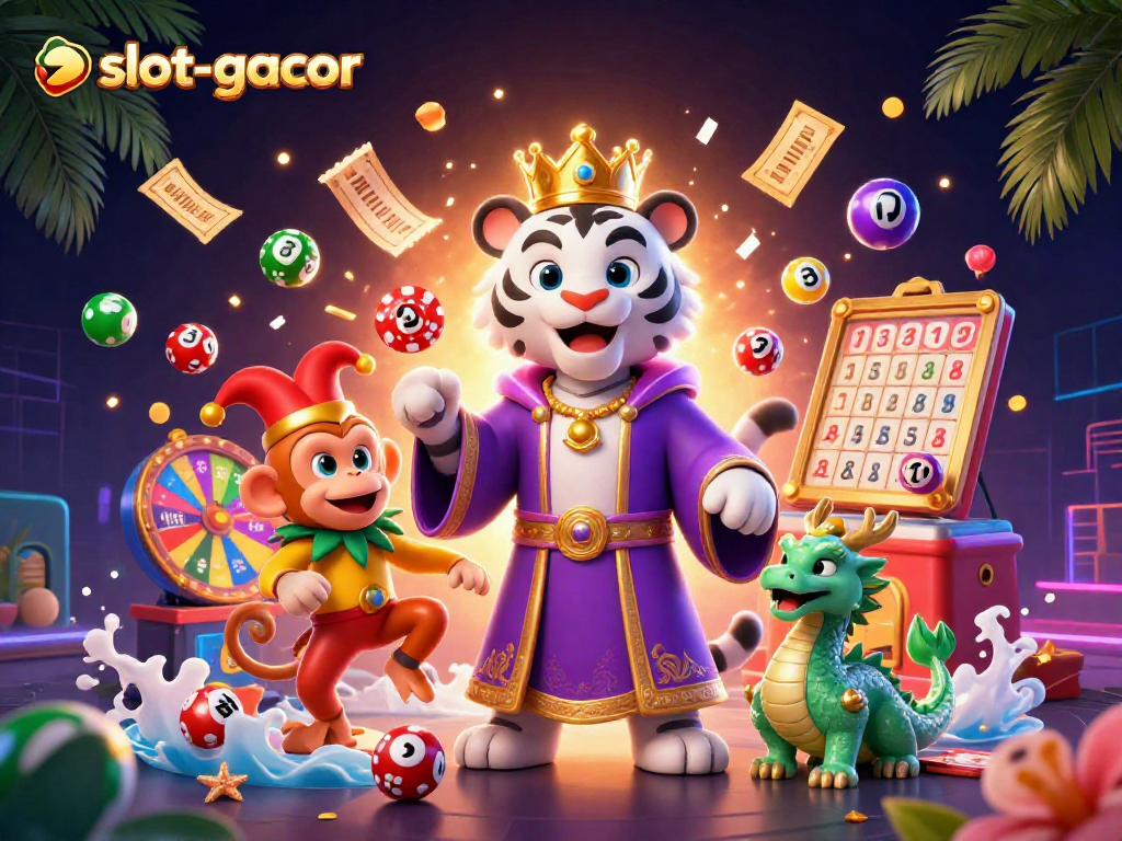 Experience slot-gacor excitement with vibrant 3D characters in a dynamic casino scene filled with joyful gaming actions.
