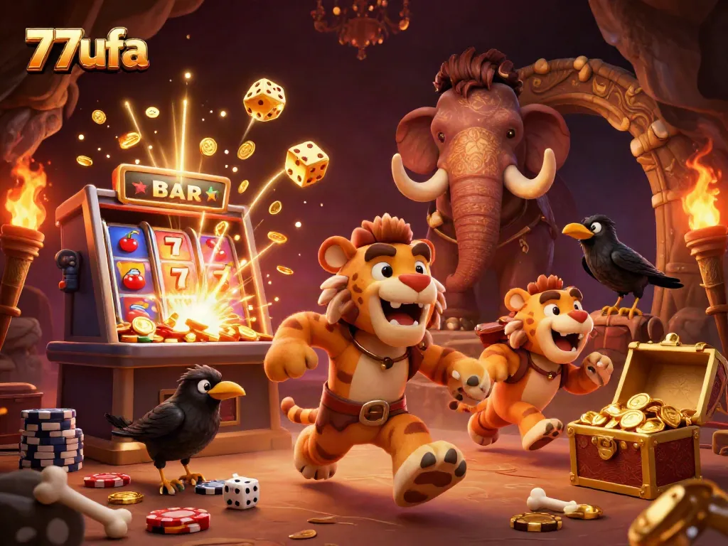 Experience thrilling gambling action with 77ufa in a dynamic and colorful casino scene.