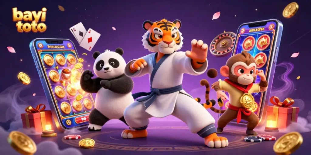 Gambaran bayi toto dengan harimau kung fu dan simbol permainan kasino yang menarik.